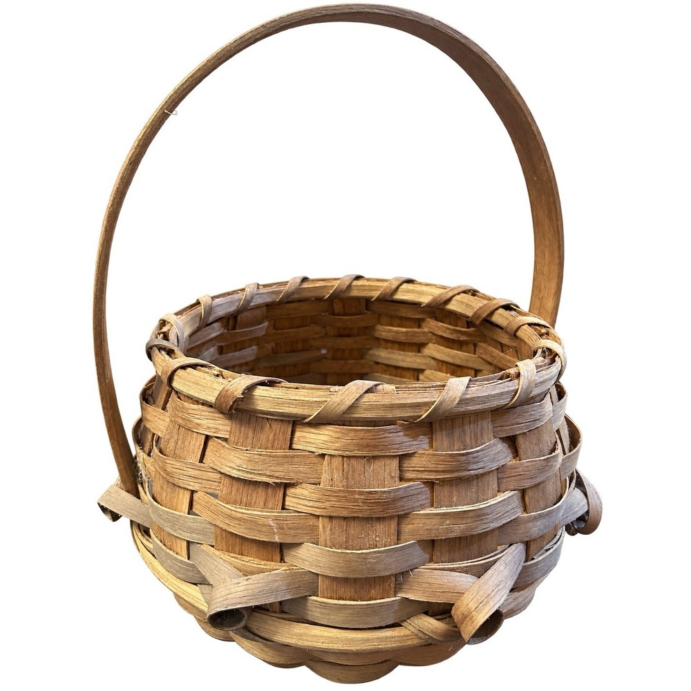 Vintage J Jordan Wicker Gathering Basket Handmade Wood Beige 12x13in